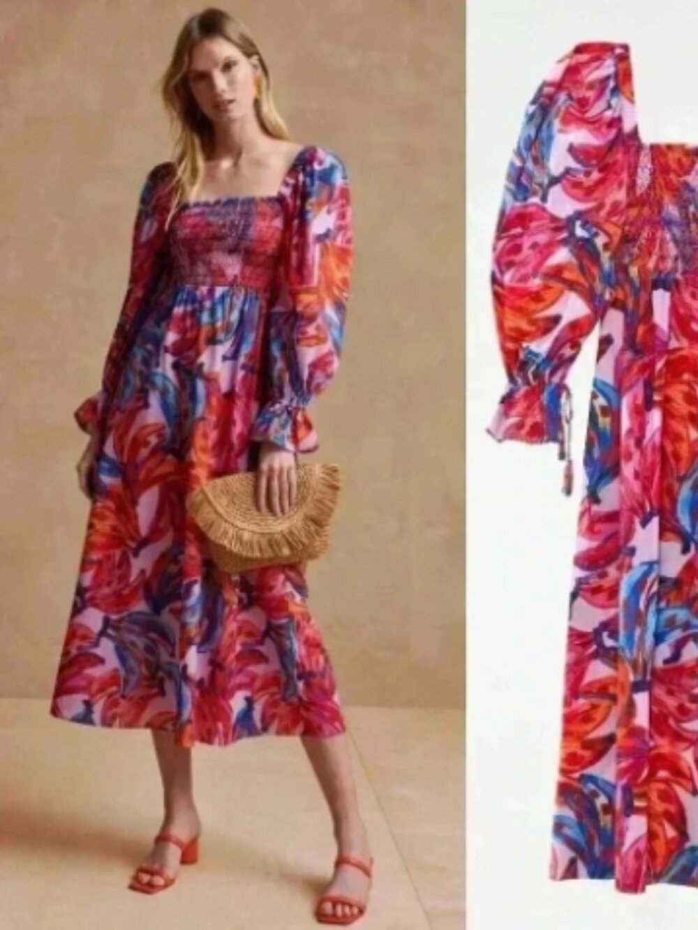 Farm Rio Colored Bananas Smocked Midi Dress- Size Medium